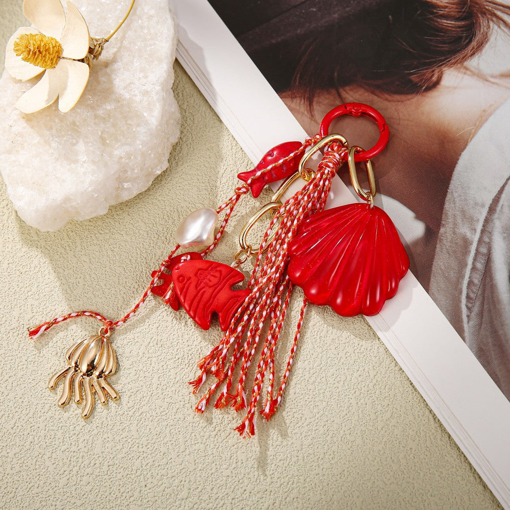Ocean Tassel Bag Pendant In White, Acrylic Material With Marine Style, Perfect For Spring And Summer