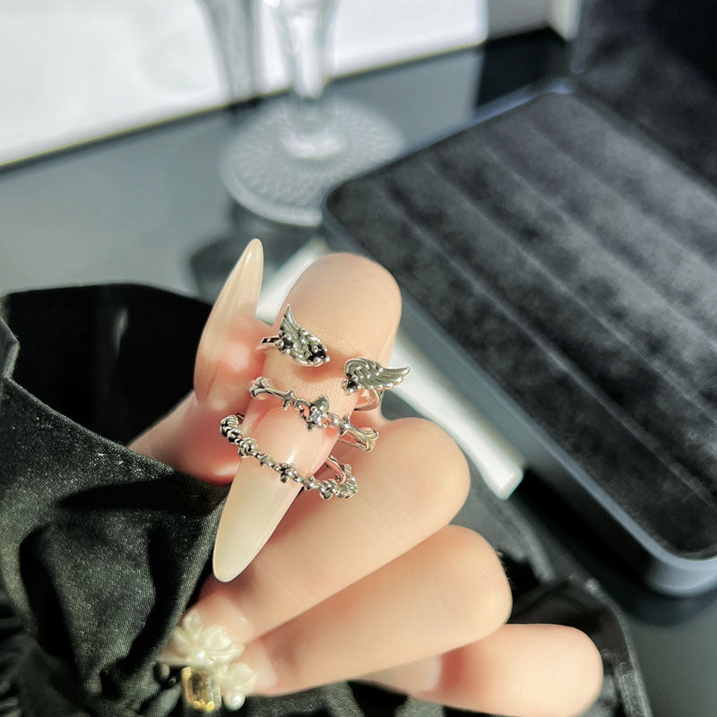 Vintage Style Asymmetrical Wings Open Ring For Women In Copper With Zircon Inlay