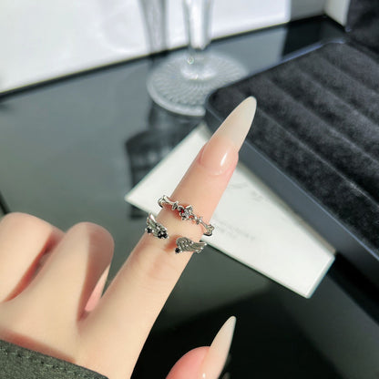 Vintage Style Asymmetrical Wings Open Ring For Women In Copper With Zircon Inlay