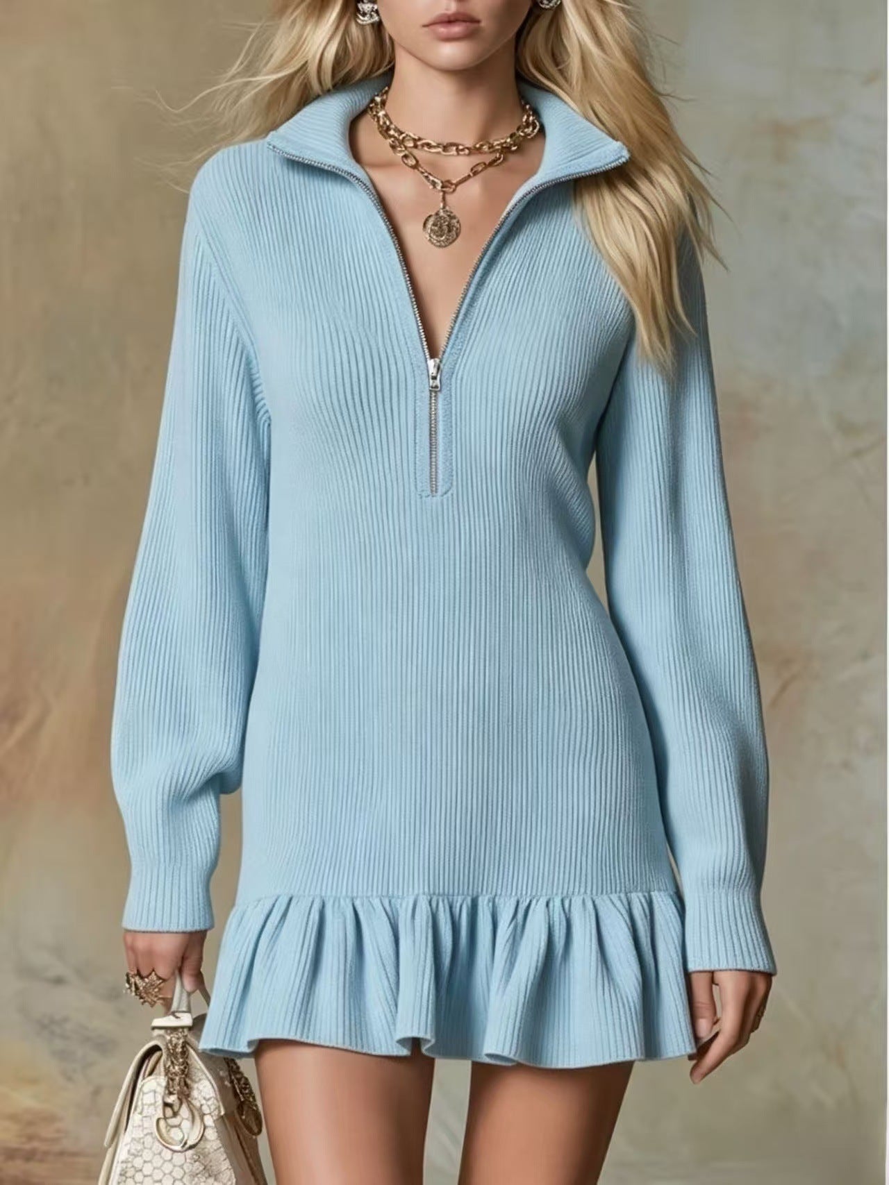 Solid Color Long Sleeve Regular Dress With Lapel Neckline In Simple Style For Banquet, Made Of Polyester Spandex