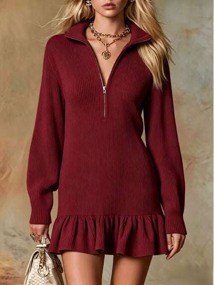 Solid Color Long Sleeve Regular Dress With Lapel Neckline In Simple Style For Banquet, Made Of Polyester Spandex