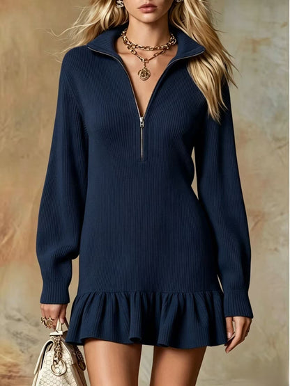 Solid Color Long Sleeve Regular Dress With Lapel Neckline In Simple Style For Banquet, Made Of Polyester Spandex