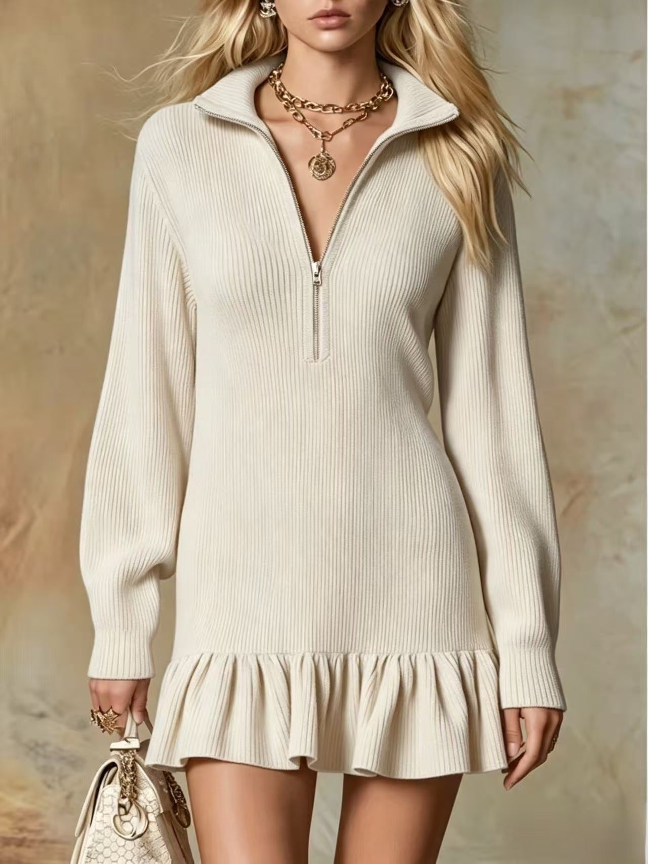 Solid Color Long Sleeve Regular Dress With Lapel Neckline In Simple Style For Banquet, Made Of Polyester Spandex