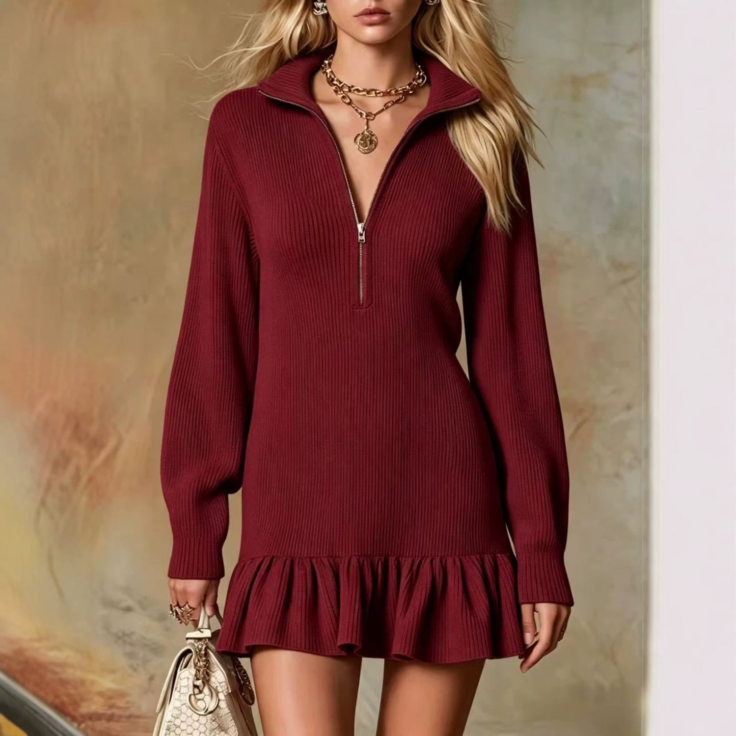 Solid Color Long Sleeve Regular Dress With Lapel Neckline In Simple Style For Banquet, Made Of Polyester Spandex