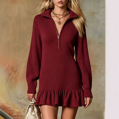Solid Color Long Sleeve Regular Dress With Lapel Neckline In Simple Style For Banquet, Made Of Polyester Spandex
