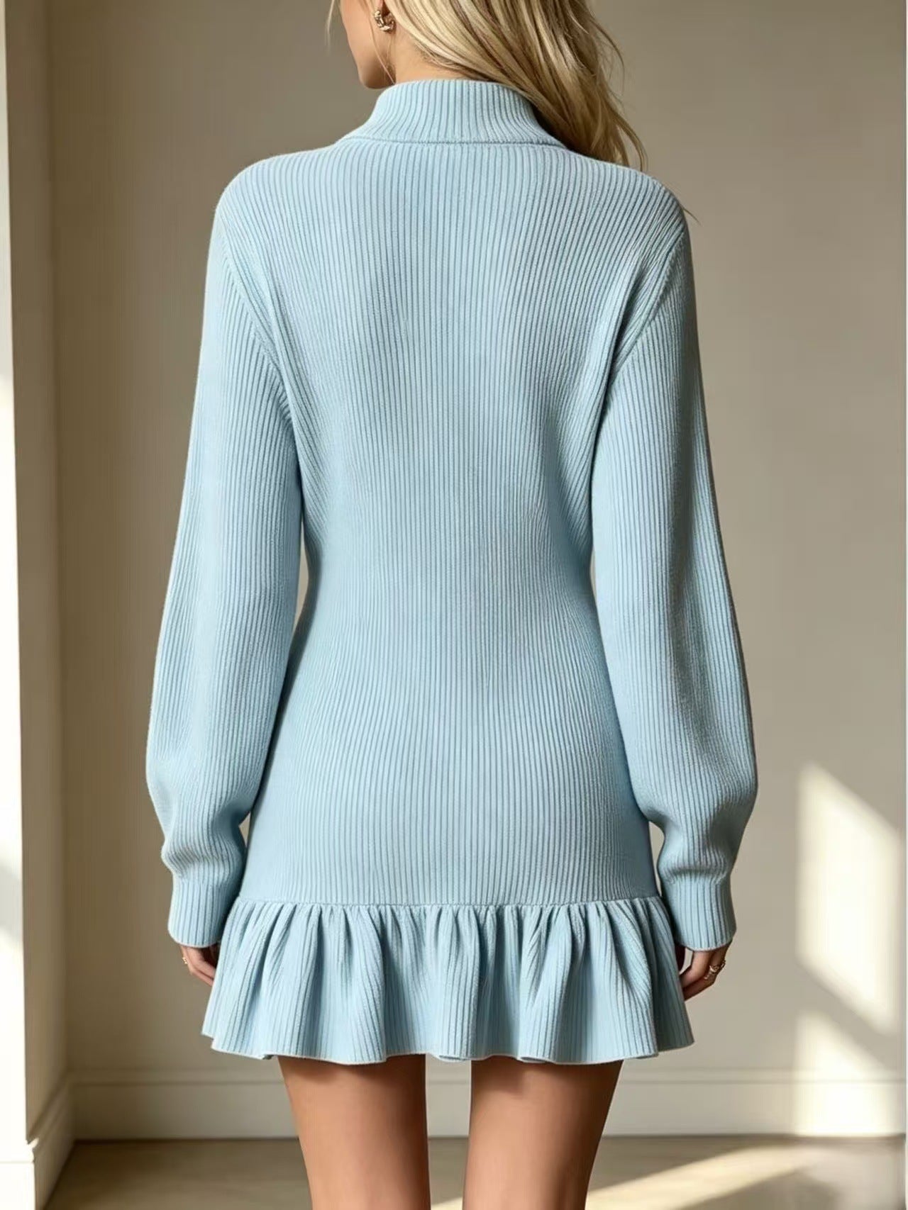 Solid Color Long Sleeve Regular Dress With Lapel Neckline In Simple Style For Banquet, Made Of Polyester Spandex