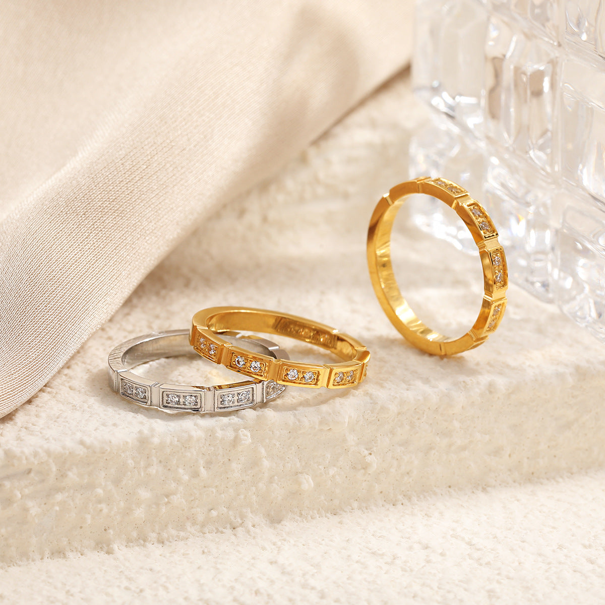 Geometric Rings For Women In Titanium Steel With 18K Real Gold Electroplated Finish Featuring Rhinestone Inlay
