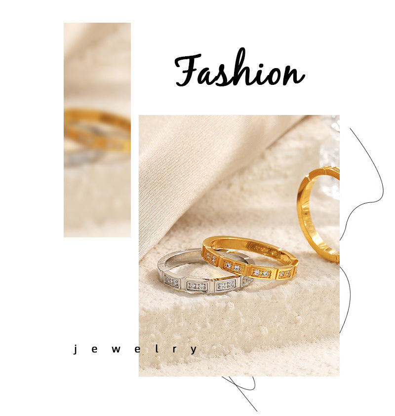 Geometric Rings For Women In Titanium Steel With 18K Real Gold Electroplated Finish Featuring Rhinestone Inlay