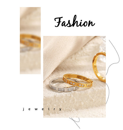 Geometric Rings For Women In Titanium Steel With 18K Real Gold Electroplated Finish Featuring Rhinestone Inlay