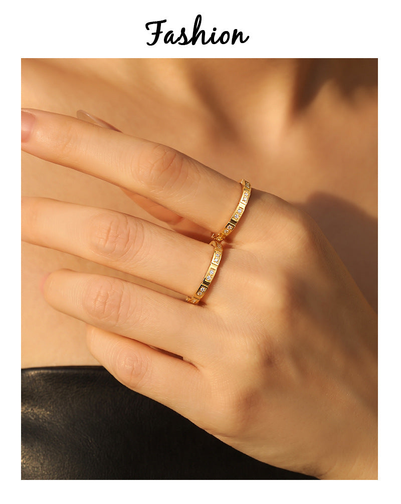 Geometric Rings For Women In Titanium Steel With 18K Real Gold Electroplated Finish Featuring Rhinestone Inlay