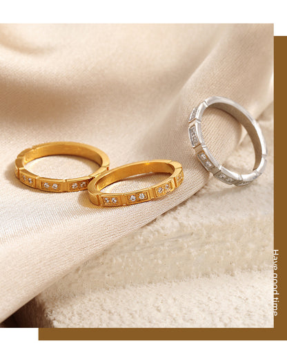 Geometric Rings For Women In Titanium Steel With 18K Real Gold Electroplated Finish Featuring Rhinestone Inlay