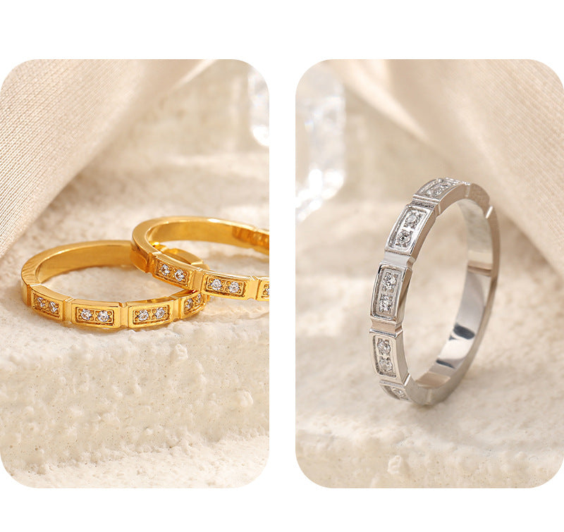 Geometric Rings For Women In Titanium Steel With 18K Real Gold Electroplated Finish Featuring Rhinestone Inlay