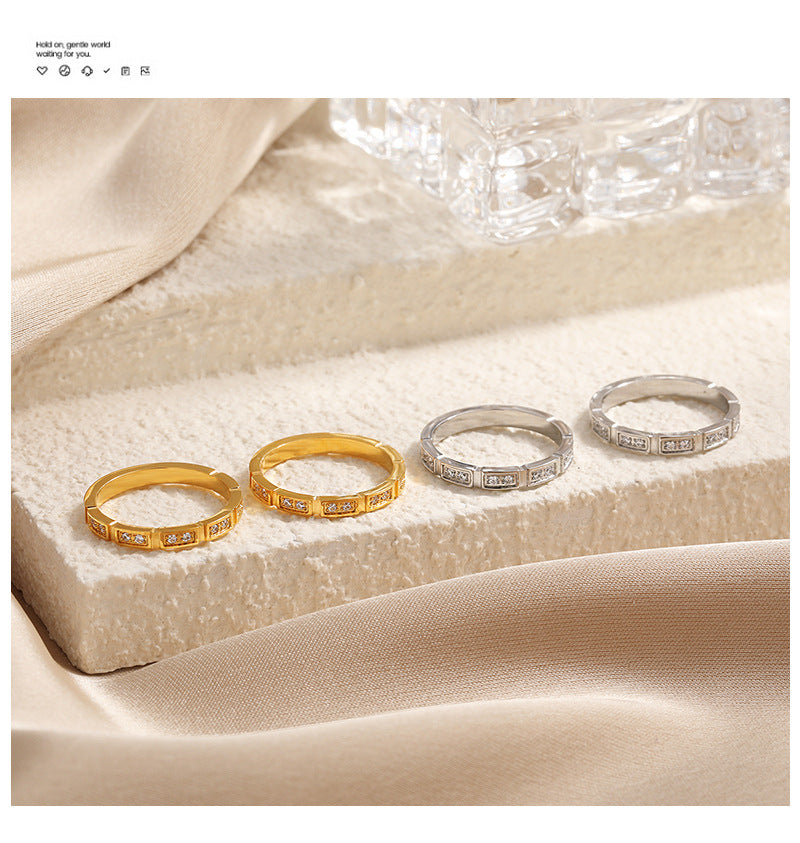 Geometric Rings For Women In Titanium Steel With 18K Real Gold Electroplated Finish Featuring Rhinestone Inlay