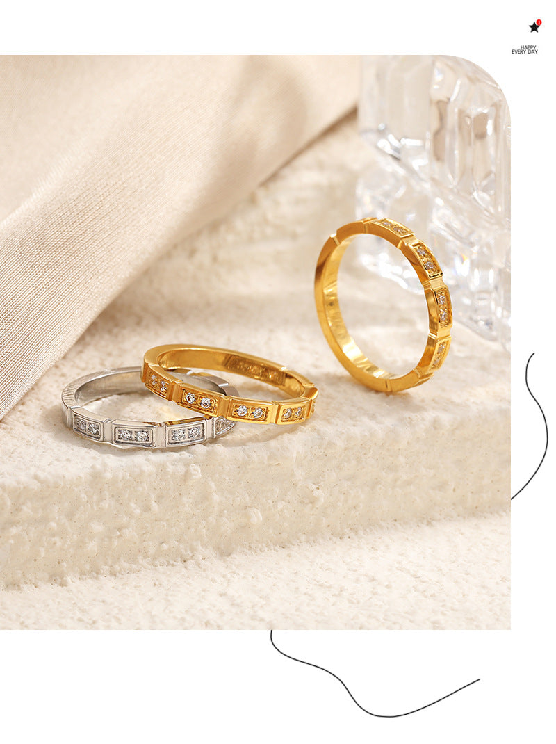 Geometric Rings For Women In Titanium Steel With 18K Real Gold Electroplated Finish Featuring Rhinestone Inlay