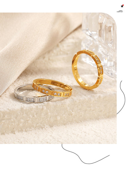Geometric Rings For Women In Titanium Steel With 18K Real Gold Electroplated Finish Featuring Rhinestone Inlay
