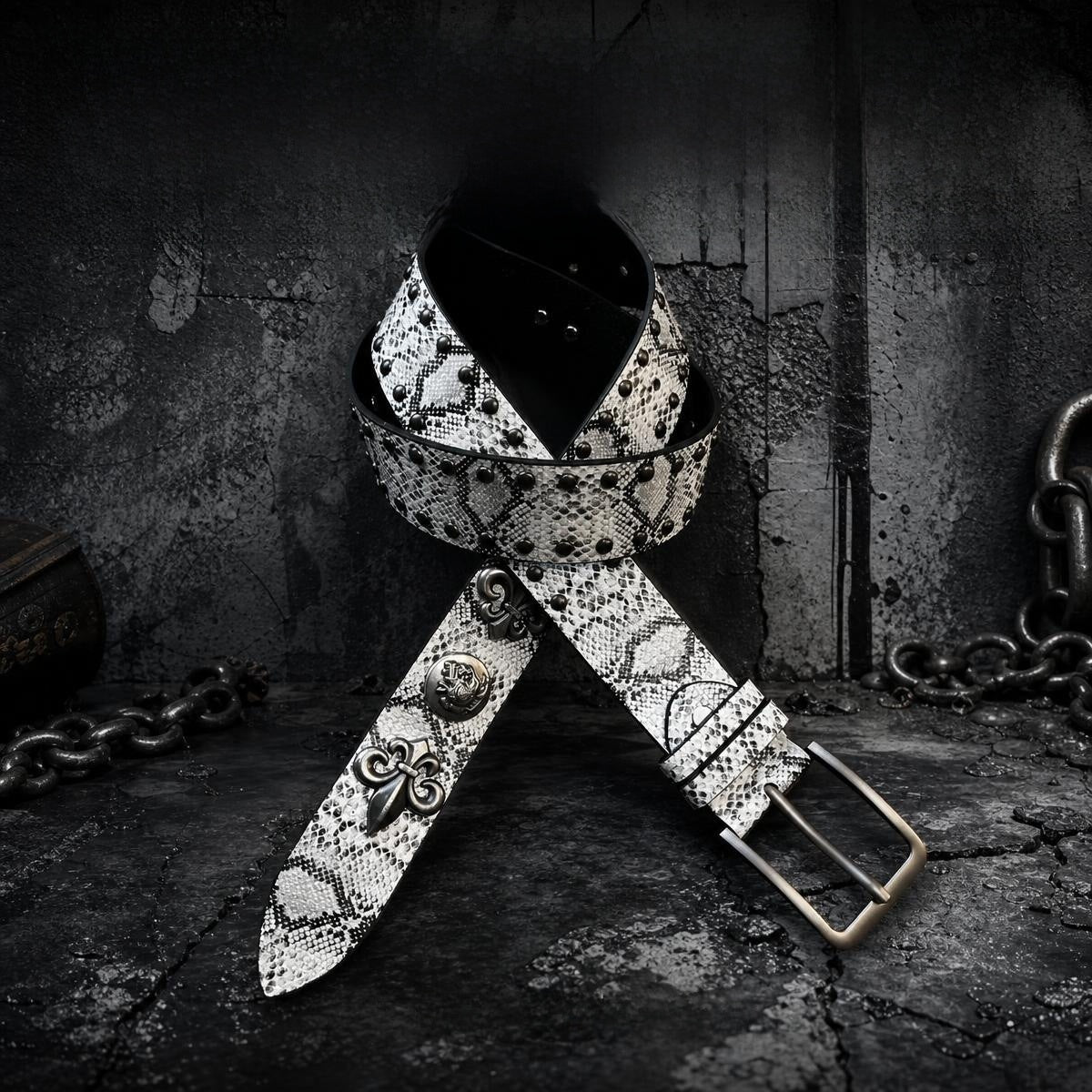 Punk Snakeskin PU Leather Belt With Zinc Alloy Pin Buckle In Silver