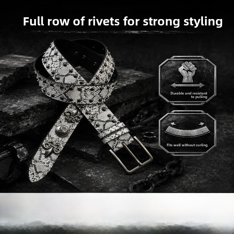 Punk Snakeskin PU Leather Belt With Zinc Alloy Pin Buckle In Silver