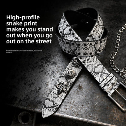 Punk Snakeskin PU Leather Belt With Zinc Alloy Pin Buckle In Silver