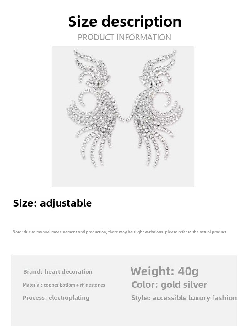 Exaggerated Silver Wings Clip Earrings For Women With Rhinestones In Alloy