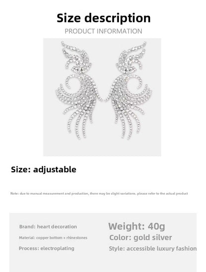 Exaggerated Silver Wings Clip Earrings For Women With Rhinestones In Alloy