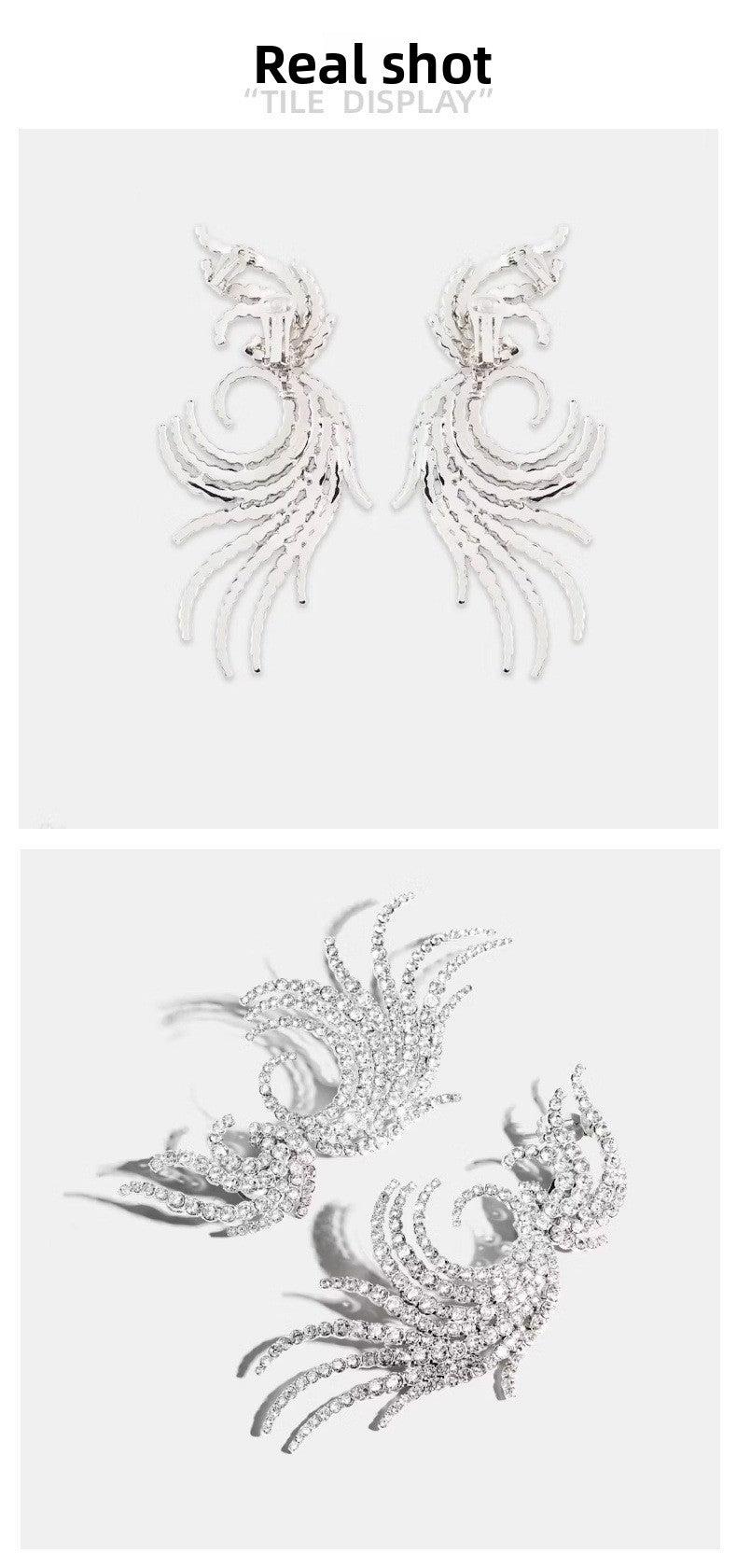 Exaggerated Silver Wings Clip Earrings For Women With Rhinestones In Alloy