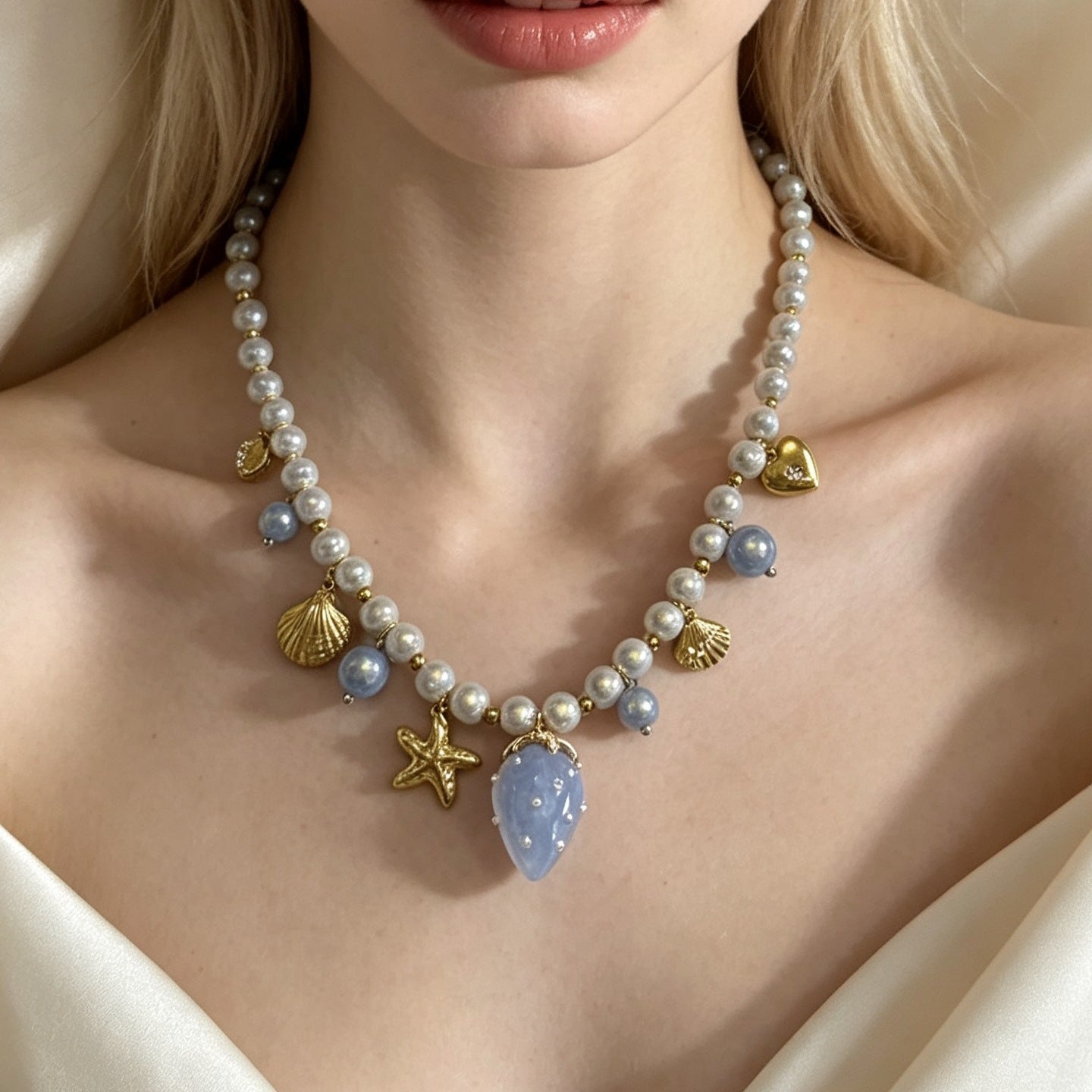 Marine Style Braid Shell Necklace For Women With Mixed Materials And Beaded Chain
