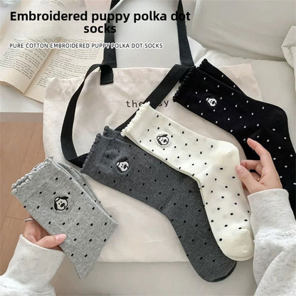 Women's Dog Pattern Socks In Light Grey, Made Of Comfortable Polyester Cotton For Spring