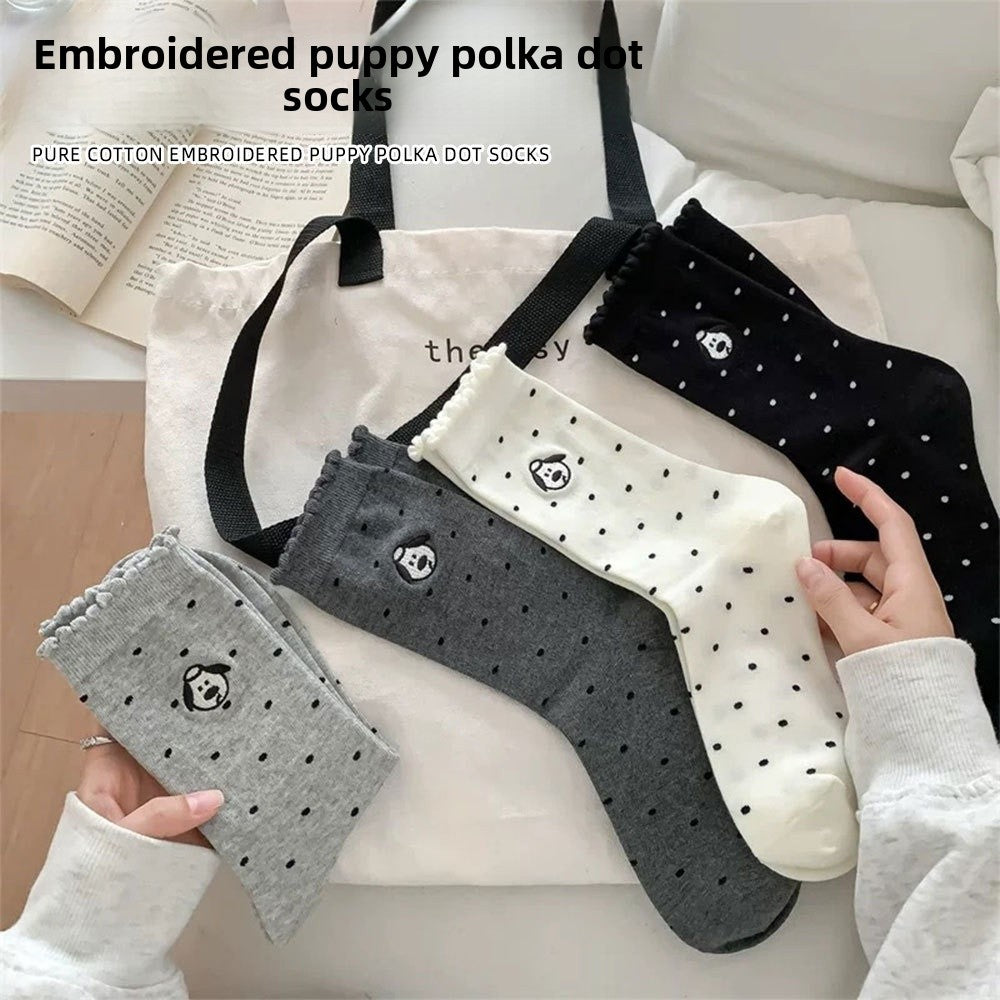 Women's Dog Pattern Socks In Light Grey, Made Of Comfortable Polyester Cotton For Spring
