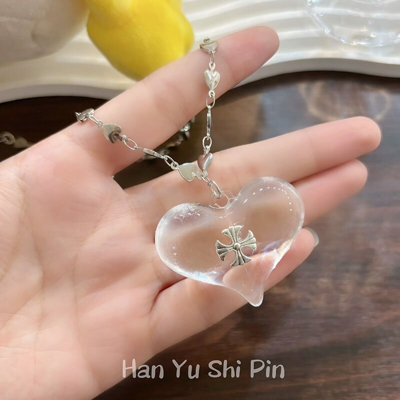 Heart Shape Pendant Necklace For Women In Transparent Color, Electroplated Alloy Material