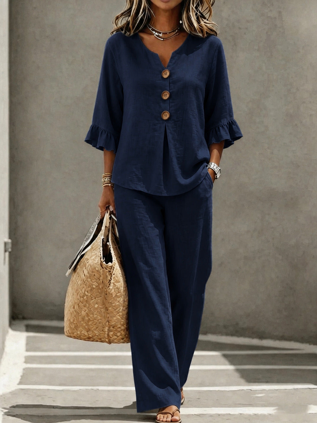 Solid Color T-shirt And Pant Co-ord Set In Polyester Fabric Featuring Casual Style With V Neck And Single Breasted Design, 2 Pieces Set