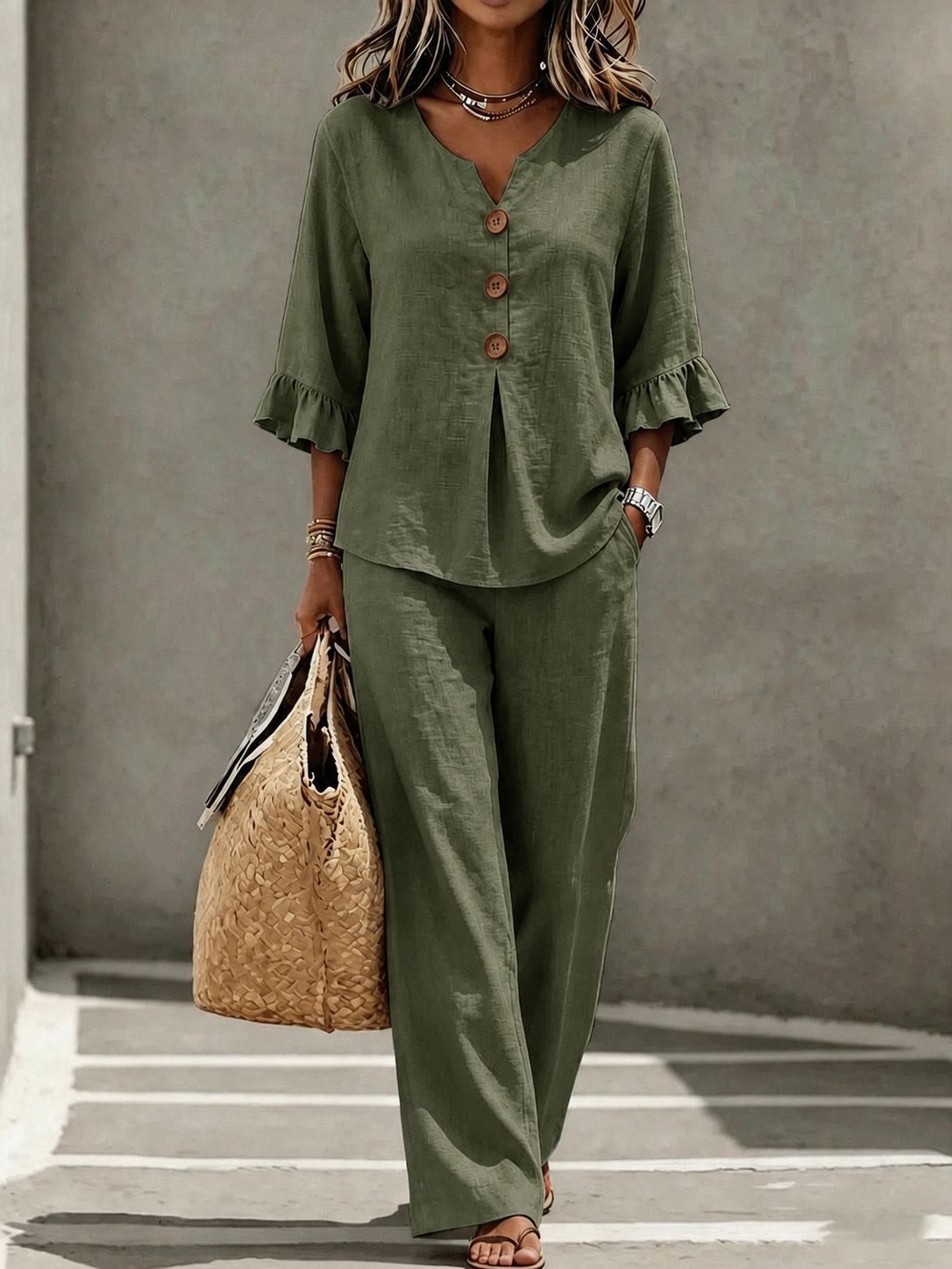 Solid Color T-shirt And Pant Co-ord Set In Polyester Fabric Featuring Casual Style With V Neck And Single Breasted Design, 2 Pieces Set