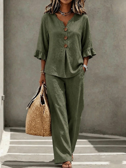 Solid Color T-shirt And Pant Co-ord Set In Polyester Fabric Featuring Casual Style With V Neck And Single Breasted Design, 2 Pieces Set