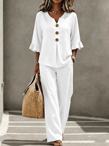 Solid Color T-shirt And Pant Co-ord Set In Polyester Fabric Featuring Casual Style With V Neck And Single Breasted Design, 2 Pieces Set