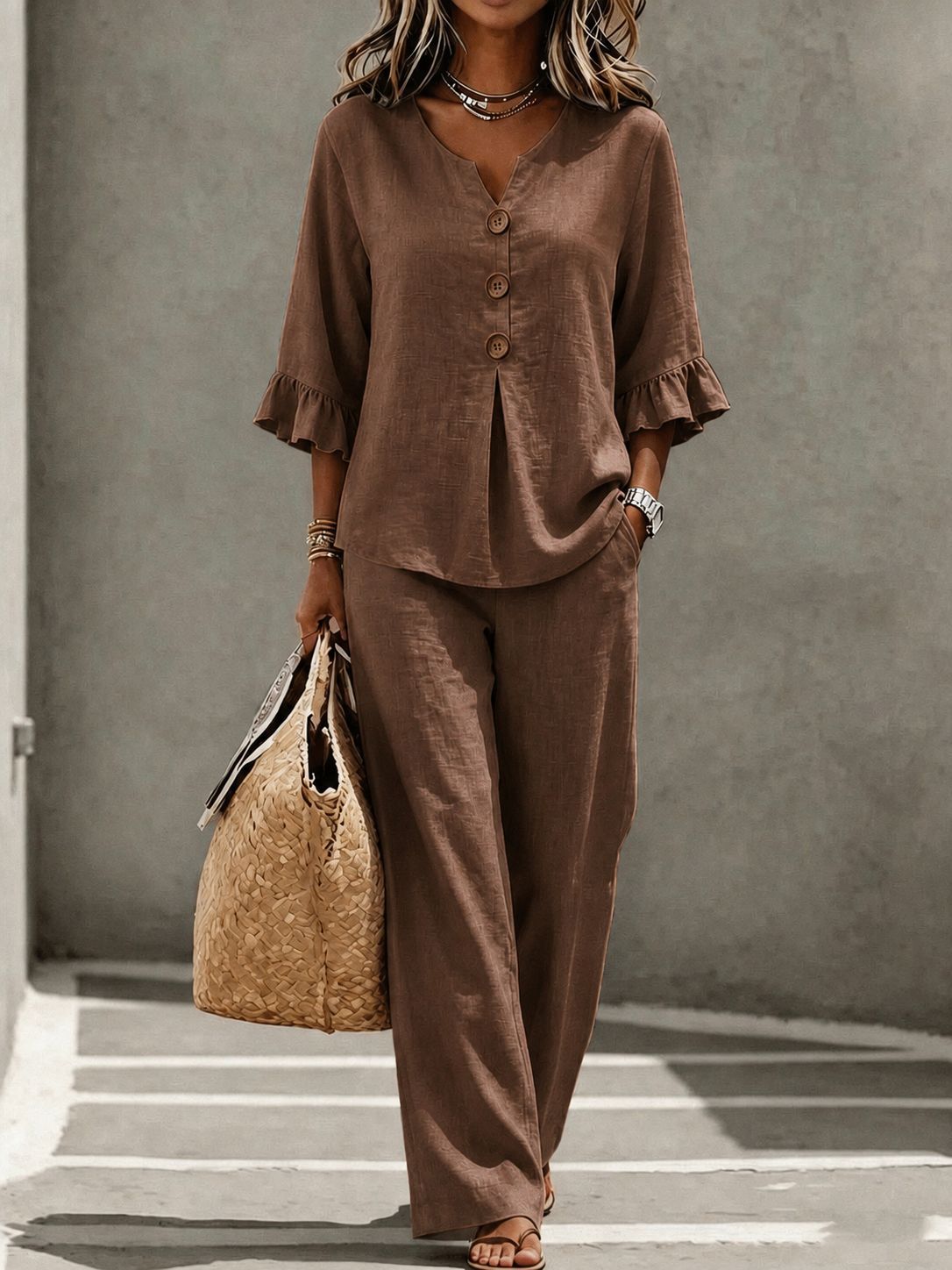 Solid Color T-shirt And Pant Co-ord Set In Polyester Fabric Featuring Casual Style With V Neck And Single Breasted Design, 2 Pieces Set