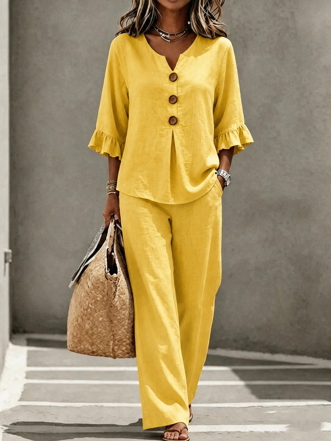 Solid Color T-shirt And Pant Co-ord Set In Polyester Fabric Featuring Casual Style With V Neck And Single Breasted Design, 2 Pieces Set
