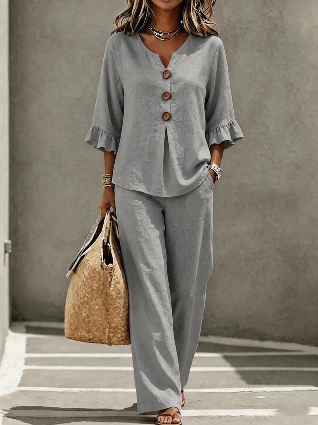 Solid Color T-shirt And Pant Co-ord Set In Polyester Fabric Featuring Casual Style With V Neck And Single Breasted Design, 2 Pieces Set