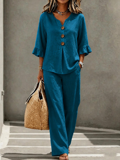 Solid Color T-shirt And Pant Co-ord Set In Polyester Fabric Featuring Casual Style With V Neck And Single Breasted Design, 2 Pieces Set