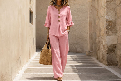 Solid Color T-shirt And Pant Co-ord Set In Polyester Fabric Featuring Casual Style With V Neck And Single Breasted Design, 2 Pieces Set
