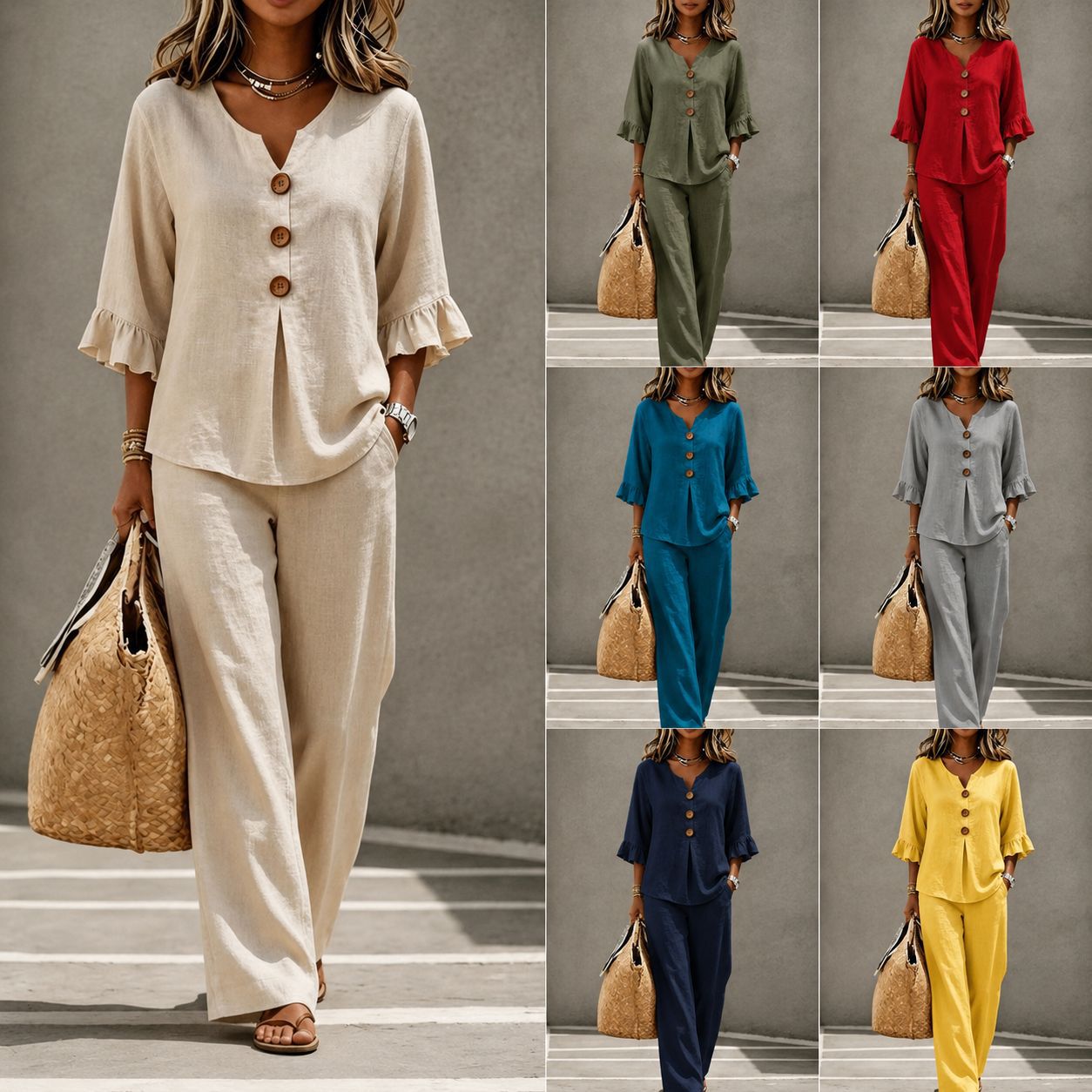 Solid Color T-shirt And Pant Co-ord Set In Polyester Fabric Featuring Casual Style With V Neck And Single Breasted Design, 2 Pieces Set