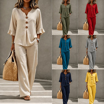 Solid Color T-shirt And Pant Co-ord Set In Polyester Fabric Featuring Casual Style With V Neck And Single Breasted Design, 2 Pieces Set
