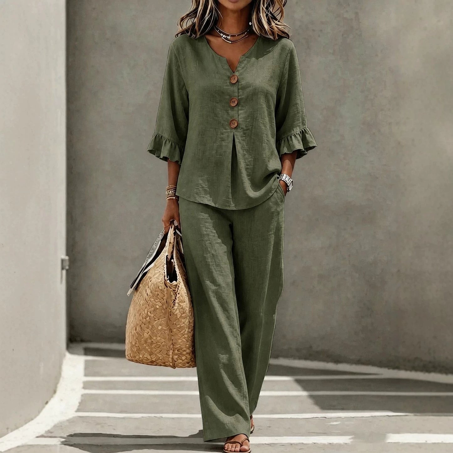 Solid Color T-shirt And Pant Co-ord Set In Polyester Fabric Featuring Casual Style With V Neck And Single Breasted Design, 2 Pieces Set
