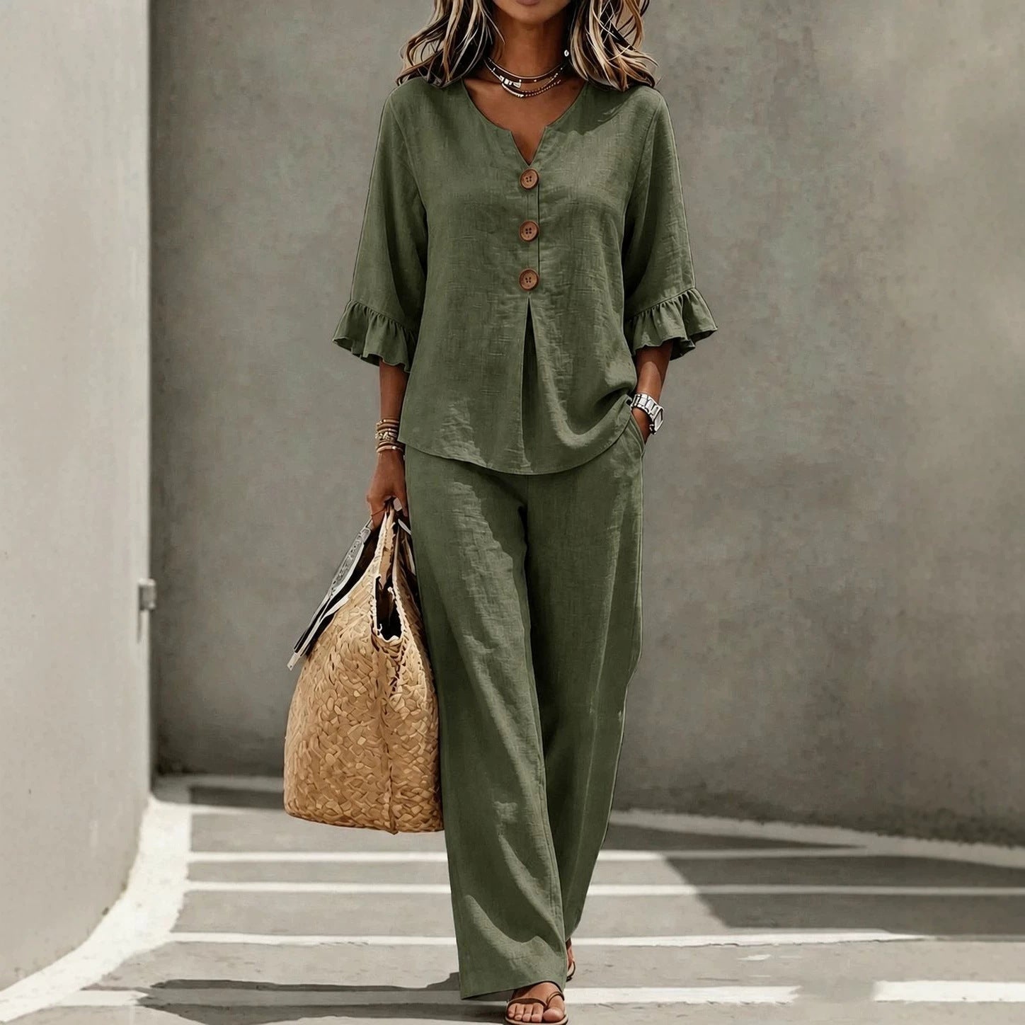 Solid Color T-shirt And Pant Co-ord Set In Polyester Fabric Featuring Casual Style With V Neck And Single Breasted Design, 2 Pieces Set