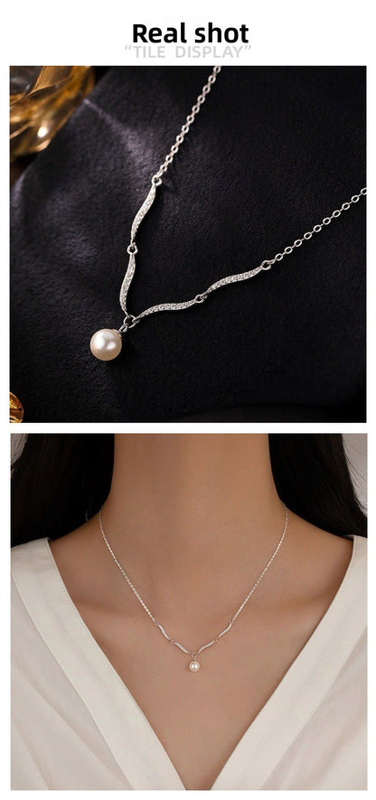 Silver Pearl Necklace For Women In 925 Sterling Silver With Electroplated Finish And Cable Chain