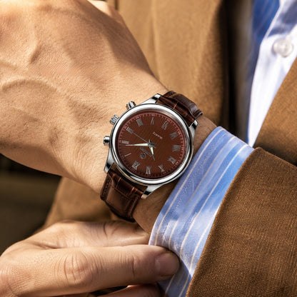 Men's Quartz Watch With Genuine Leather Strap And Pin Buckle, Round Dial Featuring Ordinary Glass Mirror And Pointer Display