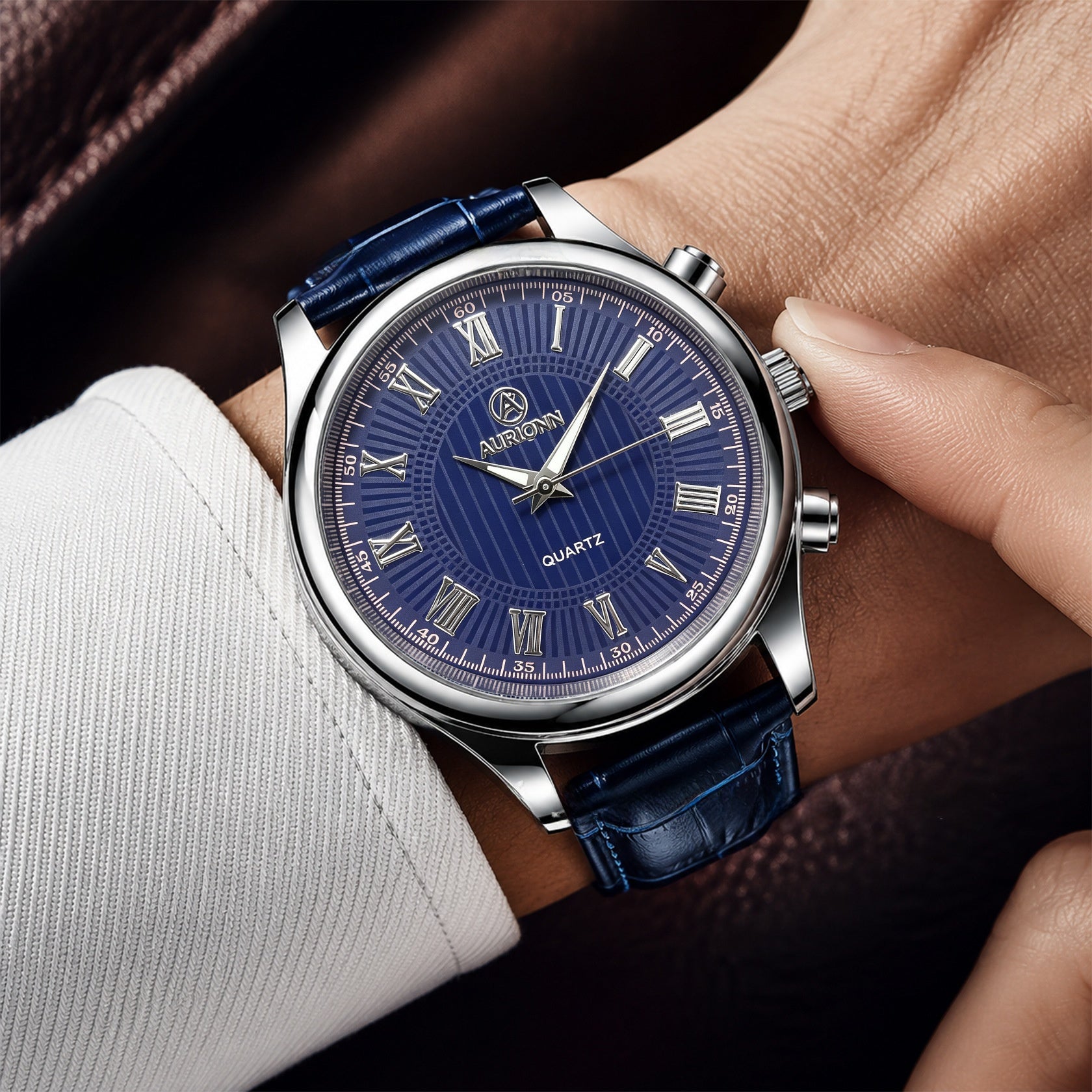 Men's Quartz Watch With Genuine Leather Strap And Pin Buckle, Round Dial Featuring Ordinary Glass Mirror And Pointer Display