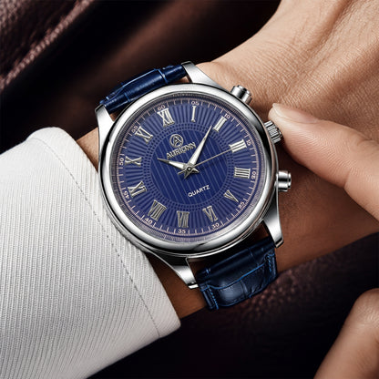 Men's Quartz Watch With Genuine Leather Strap And Pin Buckle, Round Dial Featuring Ordinary Glass Mirror And Pointer Display