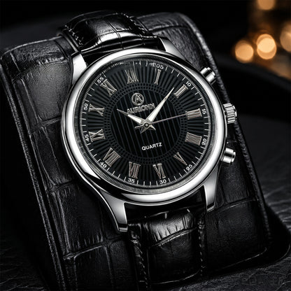 Men's Quartz Watch With Genuine Leather Strap And Pin Buckle, Round Dial Featuring Ordinary Glass Mirror And Pointer Display