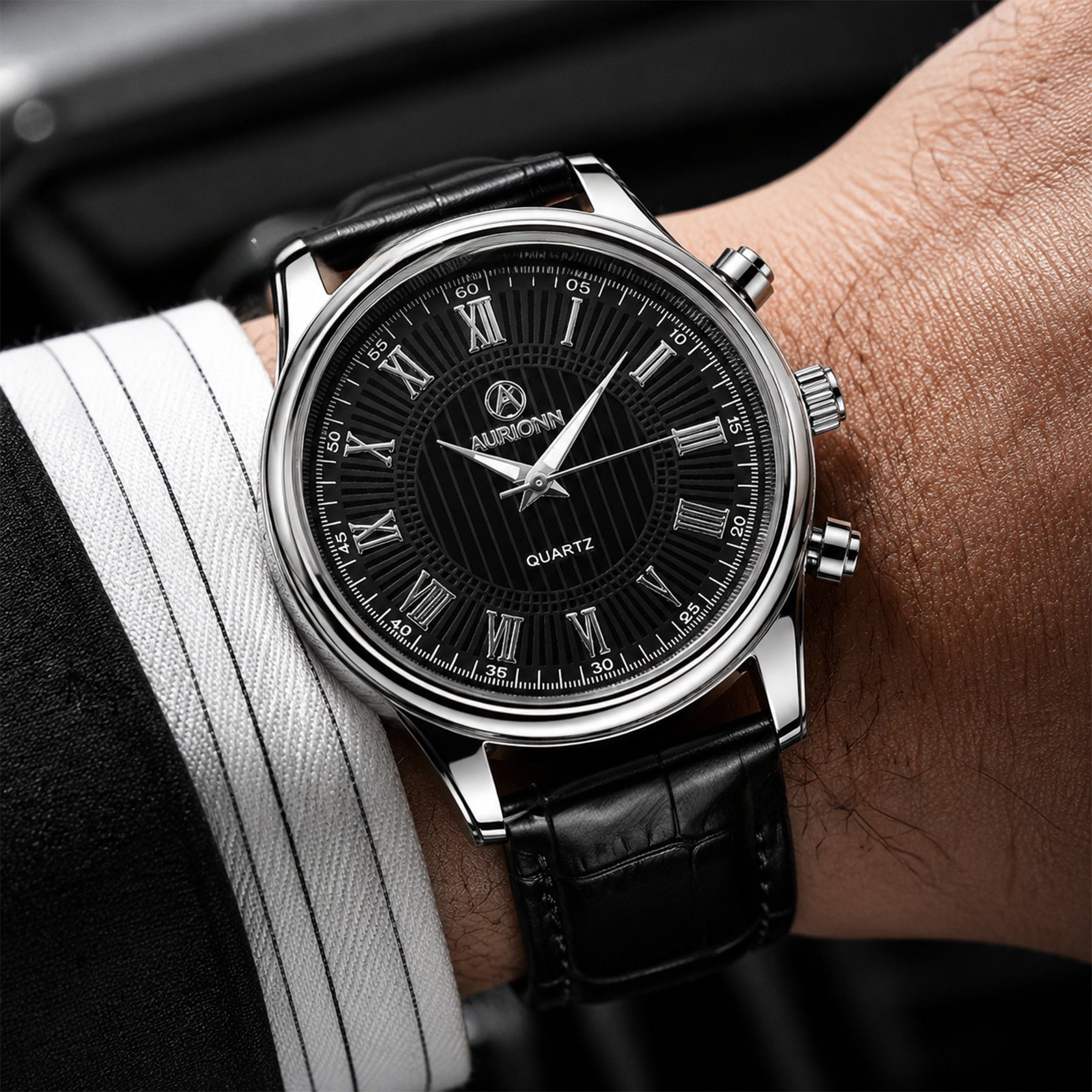 Men's Quartz Watch With Genuine Leather Strap And Pin Buckle, Round Dial Featuring Ordinary Glass Mirror And Pointer Display