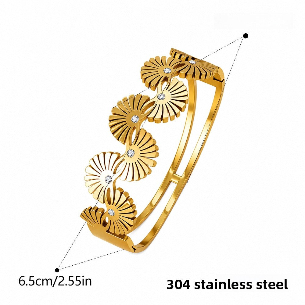 Luxurious Sector Bangle In Titanium Steel With Zircon Inlay, Gold Color, Featuring Water Resistant Design