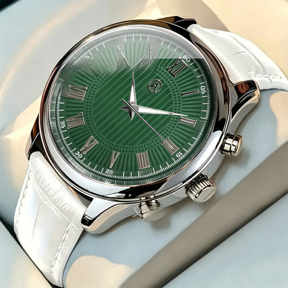 Men's Quartz Watch With Genuine Leather Strap And Pin Buckle, Round Dial Featuring Ordinary Glass Mirror And Pointer Display